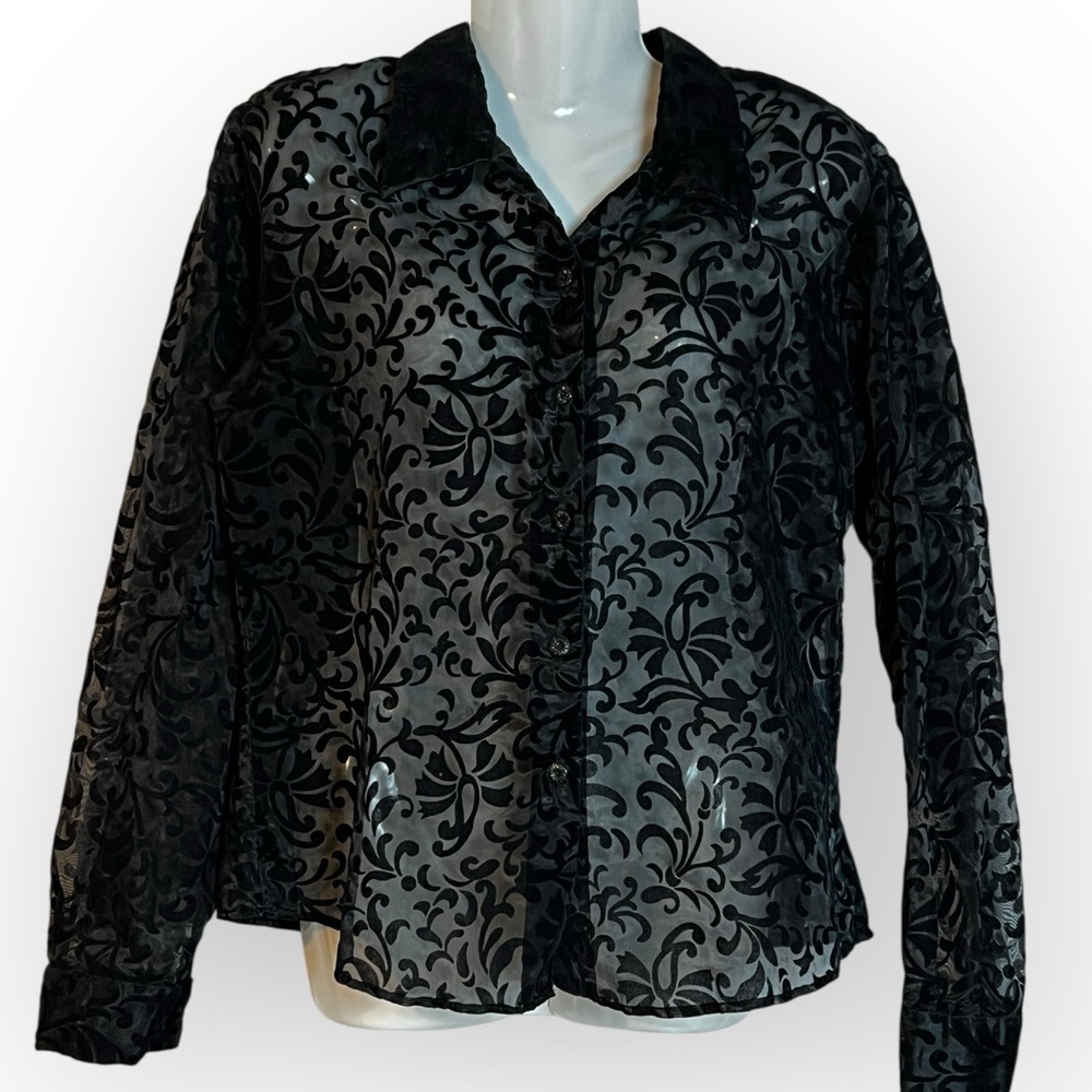 Sheer Black Velvet Flocked‎ Burnout Floral Blouse L Button Up Whimsigoth Witchy